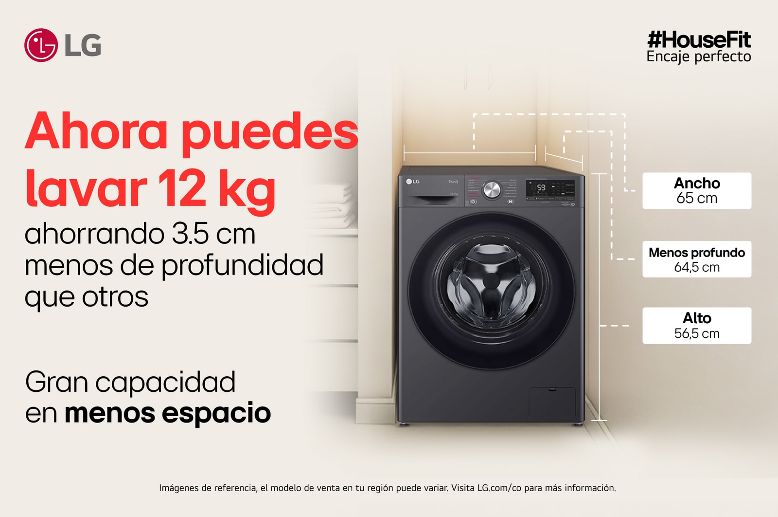 Lavadora LG wd12mvc5s6, dimensiones en el espacio